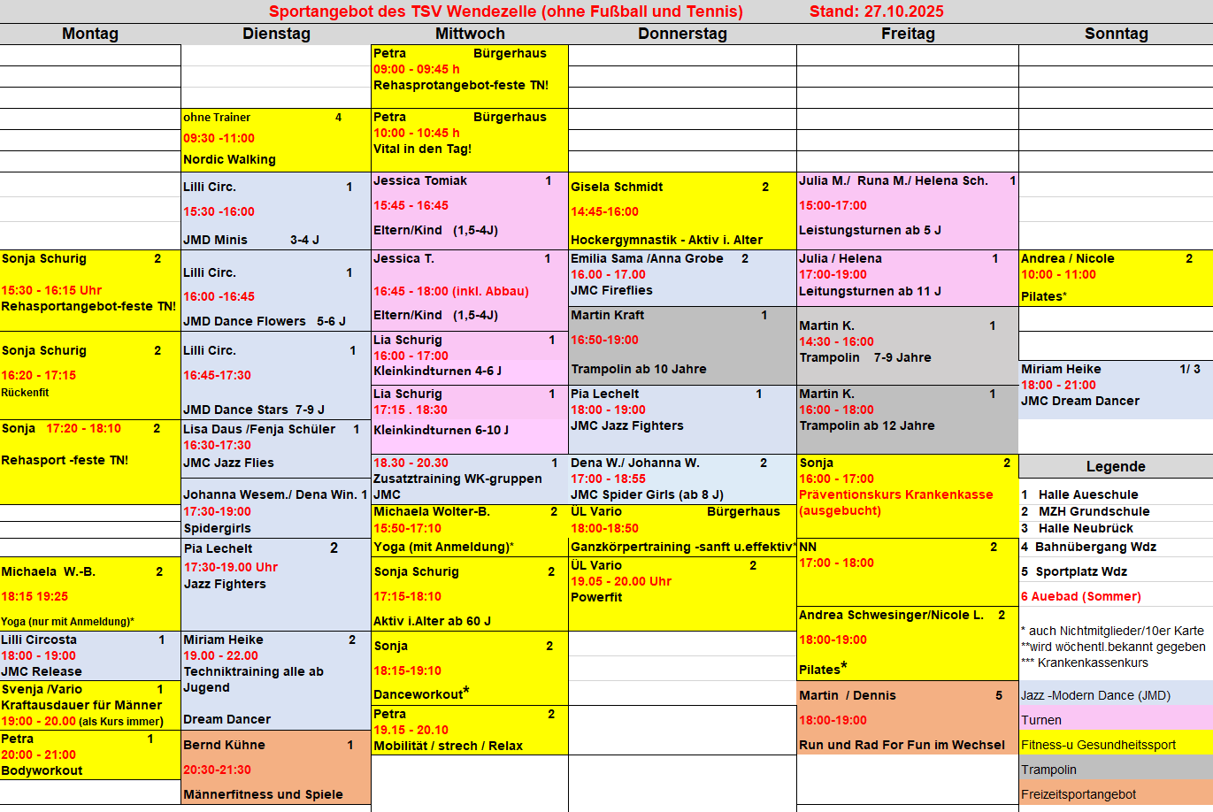 Kursplan ab 27.10.2025 Fitness- und Seniorensport